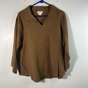 Womens‎ Whats Up V Neck Slub Linen Tunic Brown M Collar 3/4 Sleeve